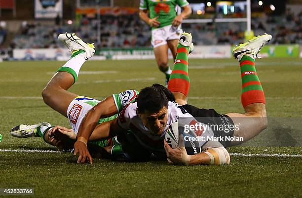 Bryson Goodwin of the Rabbitohs scores a try during the round 20 NRL match between the Canberra Raiders and the South Sydney Rabbitohs at GIO Stadium...