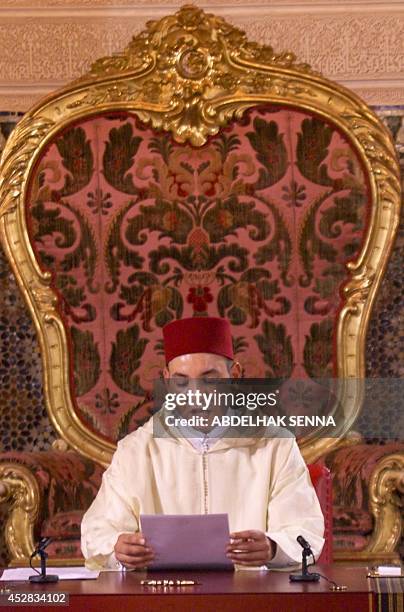 Morocco's new King Mohamed VI delivers his enthronement speech 30 July 1999 at the Royal Palace in Rabat, one week after the death of his father King...