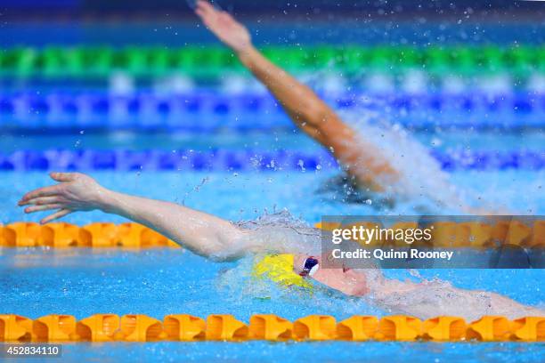 Matson Lawson of Australia competes in the Men's 200m Backstroke Heat 1 at Tollcross International Swimming Centre during day five of the Glasgow...