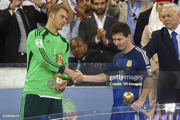 Goalkeeper Manuel Neuer of Germany, Lionel Messi of Argentina during the final of the FIFA World Cup 2014 on July 13, 2014 at the Maracana stadium in...