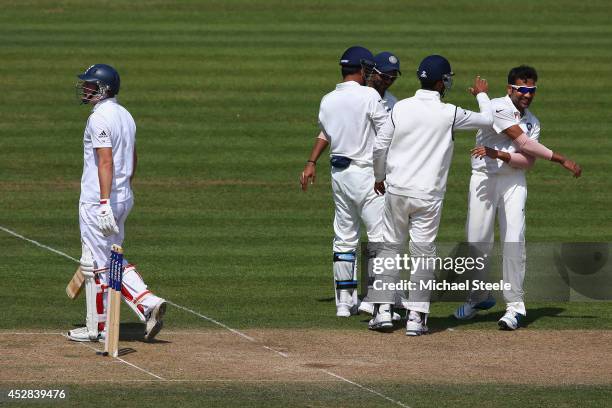 Gary Ballance of England is dismissed caught by wicketkeeper MS Dhoni off the bowling of Rohit Sharma of India during day two of the 3rd Investec...