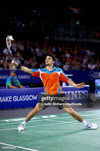 Kashyap Parupalli of India in action in his singles match against Chao Huang of Singapore in the Mixed Team Bronze medal final at Emirates Arena...