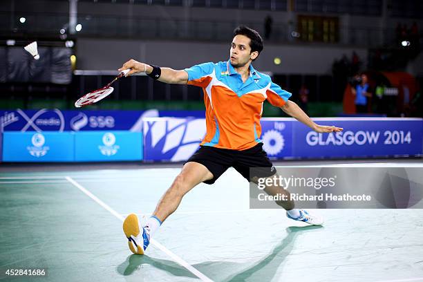 Kashyap Parupalli of India in action in his singles match against Chao Huang of Singapore in the Mixed Team Bronze medal final at Emirates Arena...