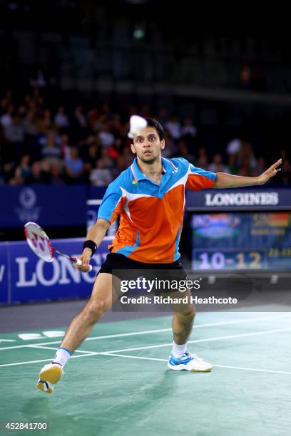 Kashyap Parupalli of India in action in his singles match against Chao Huang of Singapore in the Mixed Team Bronze medal final at Emirates Arena...