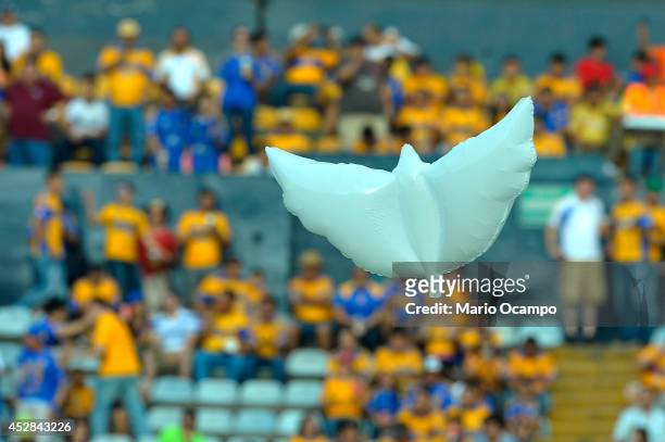 View of an inflatable dove over the stadium prior a match between Tigres UANL and Leon as part of 2nd round Apertura 2014 Liga MX at Universitario...