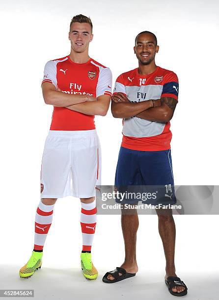 Arsenal new signing Calum Chambers is pictured with Theo Walcott on July 28, 2014 in St Albans, England.