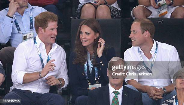 Prince Harry, Catherine, Duchess of Cambridge and Prince William, Duke of Cambridge the Gymnastics at the SECC Hydro during the 20th Commonwealth...