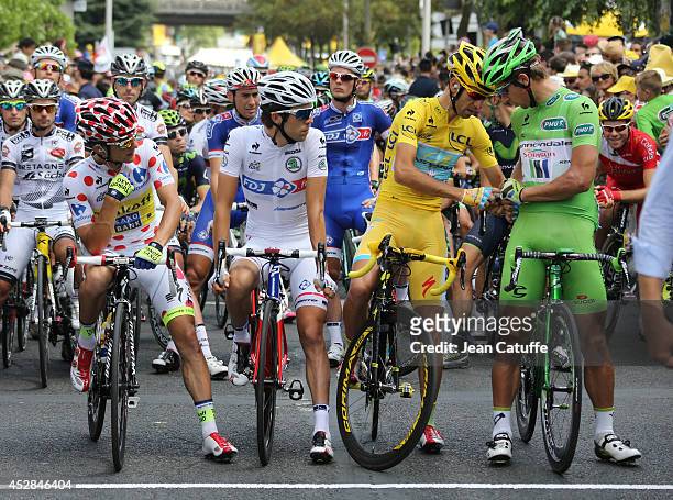 Best climber Rafal Majka of Poland and Tinkoff-Saxo, best young rider Thibaut Pinot of France and FDJ.fr, yellow jersey Vincenzo Nibali of Italy and...