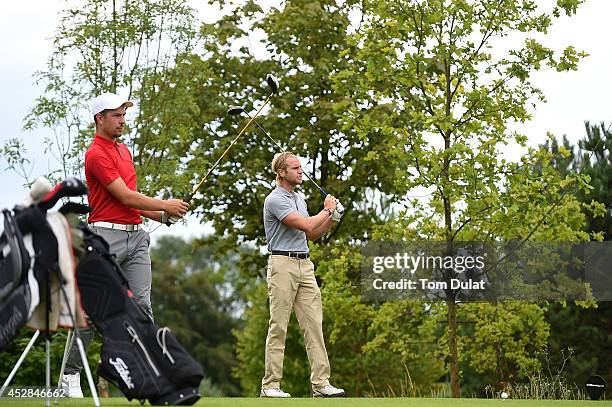 Ben Daniels of Horton Park Golf Club and Jordan Godwin of Barnehurst Golf Club look on during the Golfbreaks.com PGA Fourball Championship - Southern...