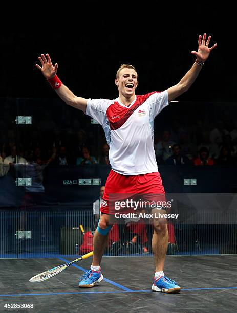 Nick Matthew of England celebrates victory over James Willstrop of England during the Men's Singles Gold medal Final between Nick Matthew of England...