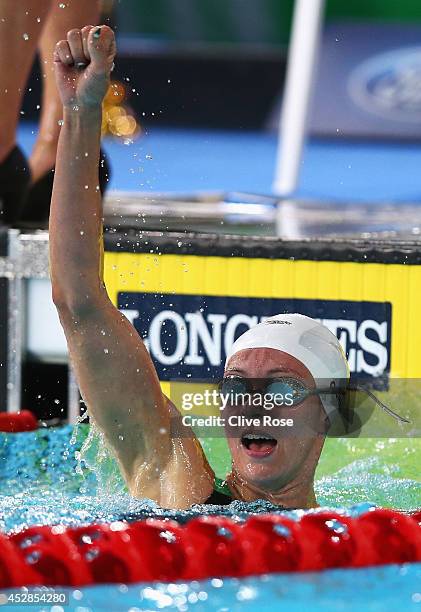 Jazz Carlin of Wales celebrates winning the gold medal in the Women's 800m Freestyle Final at Tollcross International Swimming Centre during day five...