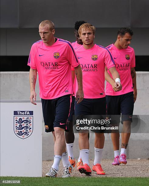 Jeremy Mathieu of Barcelona arrives ahead of the Barcelona Training Session at St George's Park on July 28, 2014 in Burton-upon-Trent, England.