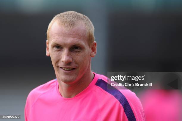 Jeremy Mathieu of Barcelona looks on during the Barcelona Training Session at St George's Park on July 28, 2014 in Burton-upon-Trent, England.