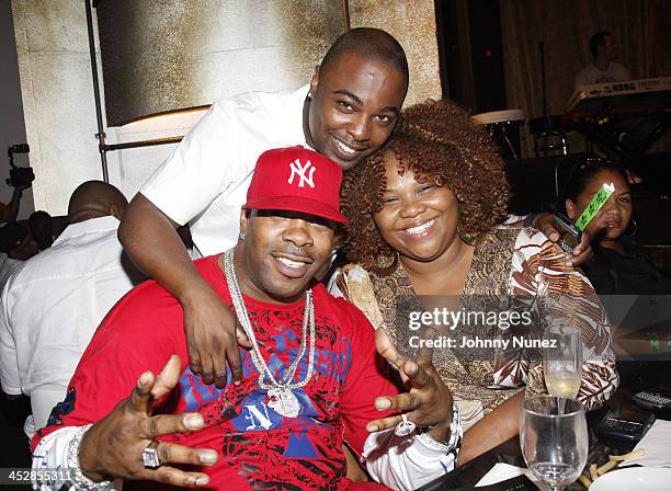 Busta Rhymes, Eric Nicks and Mona Scott attend Akon Performance at Spotlight Live in Times Square on June 10, 2008 in New York.