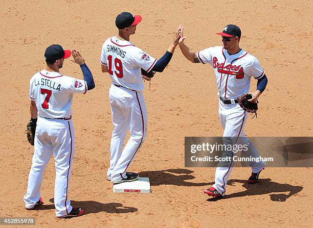 Tommy La Stella, Andrelton Simmons, and Jordan Schafer of the Atlanta Braves celebrate after the game against the San Diego Padres at Turner Field on...