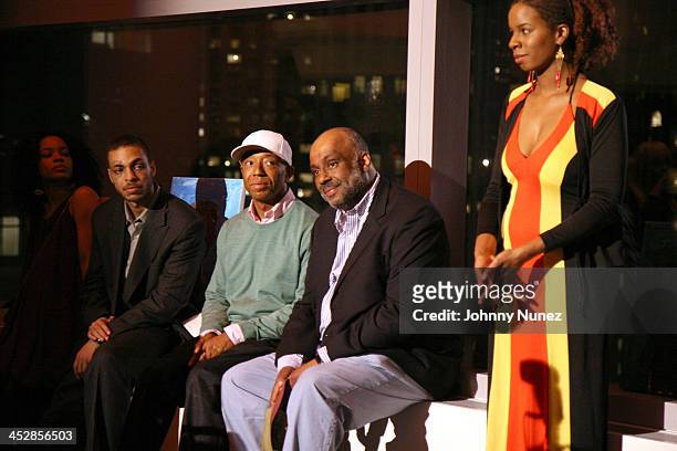 Jamel, Russell, Danny Simmons and Tangie Murray during Rush East New York Celebration Hosted By Russell Simmons at Time Warner Center in New York...
