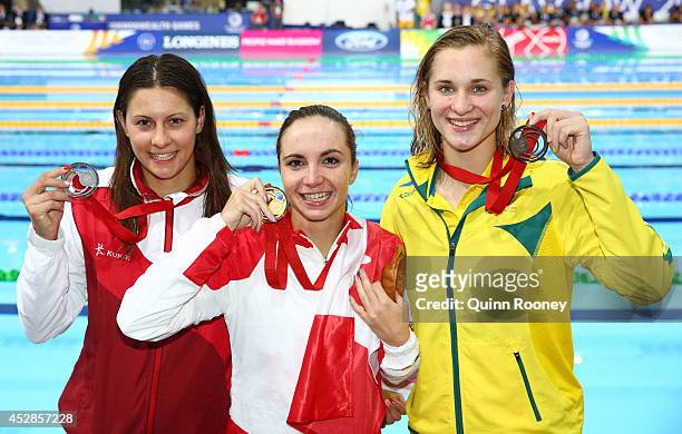 Gold medallist Audrey Lacroix of Canada poses with silver medallist Aimee Willmott of England and bronze medallist Maddie Groves of Australia after...