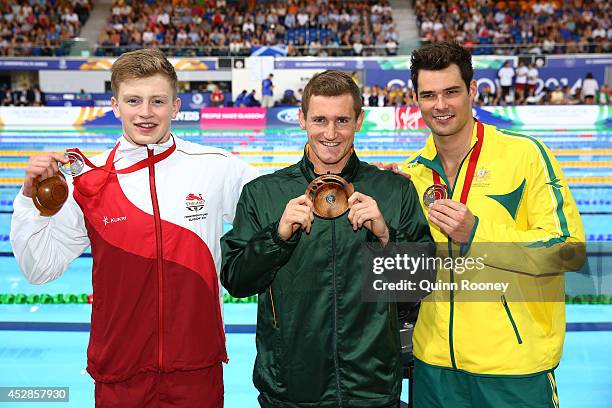 Gold medallist Cameron van der Burgh of South Africa poses with Silver medallist Adam Peaty of England and Bronze medallist Christian Sprenger of...