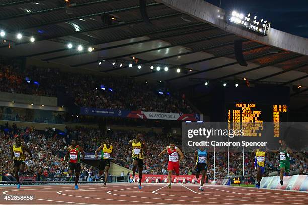 Bronze medalist Nickel Ashmeade of Jamaica, Antoine Adams of St Kitts and Nevis, Jason Livermore of Jamaica, Gold medalist Kemar Bailey-Cole of...