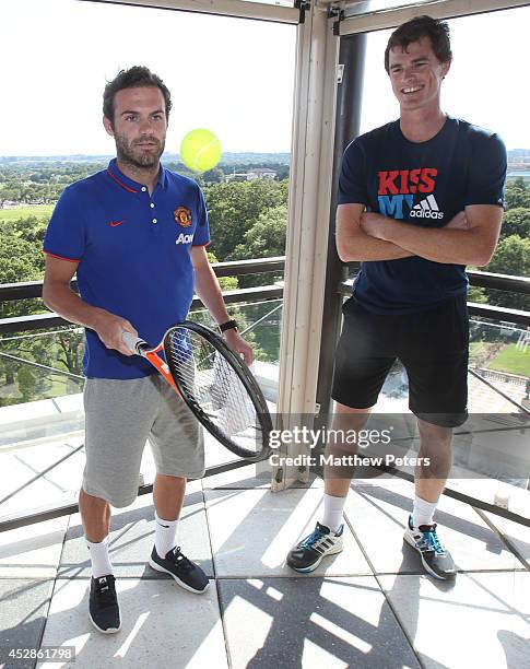 Juan Mata of Manchester United meets tennis player Jamie Murray who is playing in the Citi Open, at their hotel on July 28, 2014 in Washington, DC.