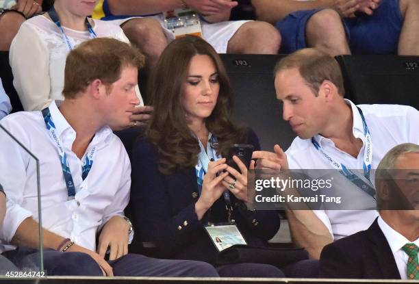 Prince Harry, Catherine, Duchess of Cambridge and Prince William, Duke of Cambridge attend the gymnastics during the Commonwealth Games on July 28,...