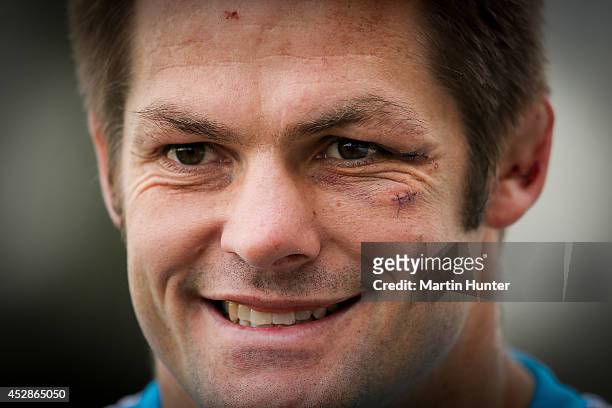 Richie McCaw talks to the media during a Crusaders Super Rugby training session at Rugby Park on July 29, 2014 in Christchurch, New Zealand.