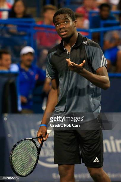 Francis Tiafoe of the United States reacts to a shot while playing Evgeny Donskoy of Russia during the Citi Open at the William H.G. FitzGerald...