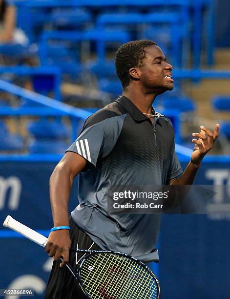 Francis Tiafoe of the United States reacts to a shot while playing Evgeny Donskoy of Russia during the Citi Open at the William H.G. FitzGerald...