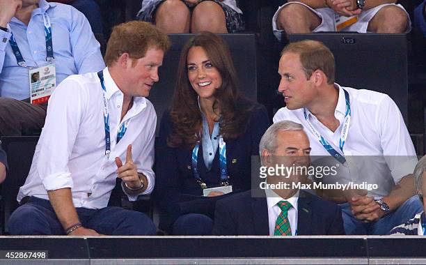 Prince Harry, Catherine, Duchess of Cambridge and Prince William, Duke of Cambridge watch the Gymnastics at the SECC Precinct during the 20th...