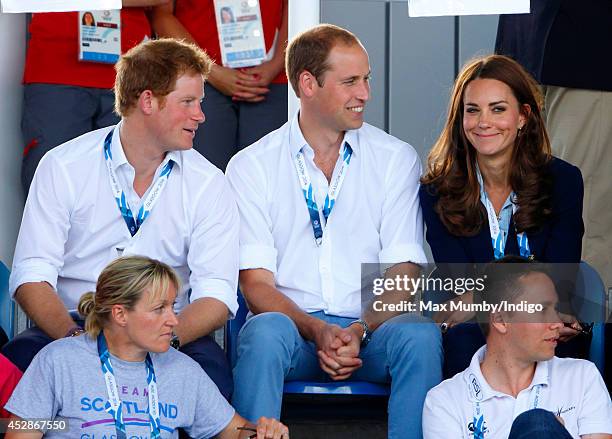 Prince Harry, Prince William, Duke of Cambridge and Catherine, Duchess of Cambridge watch the Wales v Scotland Hockey match at the Glasgow National...