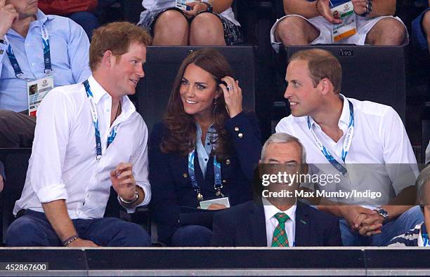 Prince Harry, Catherine, Duchess of Cambridge and Prince William, Duke of Cambridge watch the Gymnastics at the SECC Precinct during the 20th...