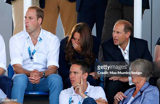 Prince William, Duke of Cambridge, Catherine, Duchess of Cambridge and Prince Edward, Earl of Wessex watch the Wales v Scotland Hockey match at the...