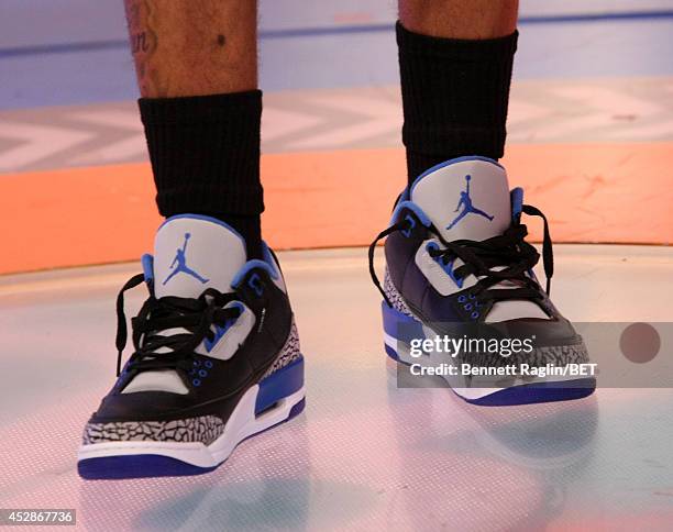 General view of Shad Moss's shoes during 106 & Park at BET studio on July 28, 2014 in New York City.