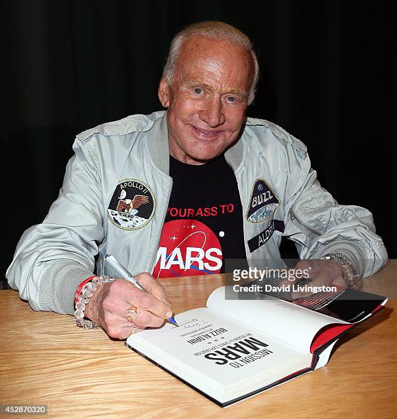 Former astronaut Buzz Aldrin attends a signing for his book "Mission to Mars" at Barnes & Noble Booksellers on July 28, 2014 in Glendale, California.
