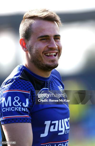 Josh Reynolds smiles during a Canterbury Bulldogs NRL training session at Belmore Sports Ground on July 29, 2014 in Sydney, Australia.