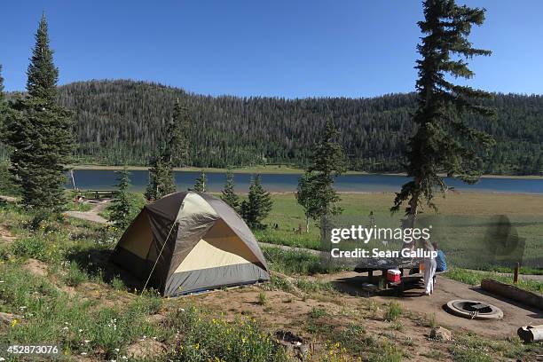 Visitors prepare breakfast next to their tent at a campground at Navajo Lake on July 16, 2014 near Brian Head, Utah. Southern Utah is a popular...