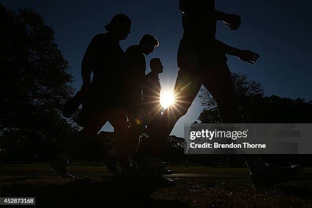 Waratahs players walk back to the change rooms following a Waratahs Super Rugby training session at Moore Park on July 29, 2014 in Sydney, Australia.