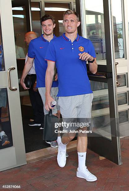 Darren Fletcher and Will Keane of Manchester United leave after an open training session as part of their pre-season tour of the United States at...