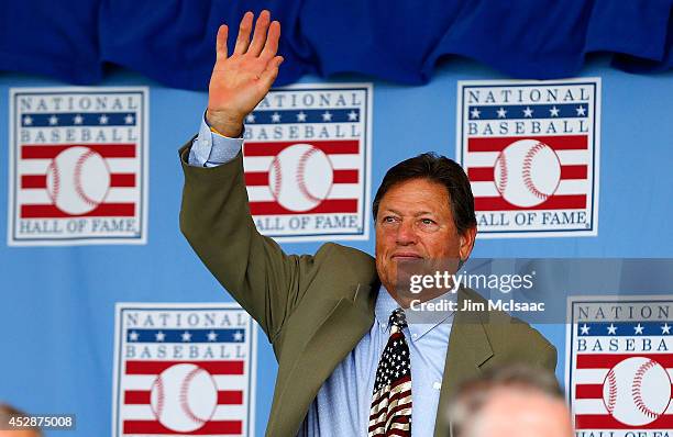 Hall of Famer Carlton Fisk is introduced during the Baseball Hall of Fame induction ceremony at Clark Sports Center on July 27, 2014 in Cooperstown,...