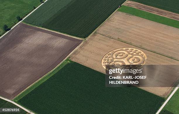 People walk through crop circles shaped into a cornfield near Raisting, southern Germany, on July 28, 2014. According to media reports, a balloonist...