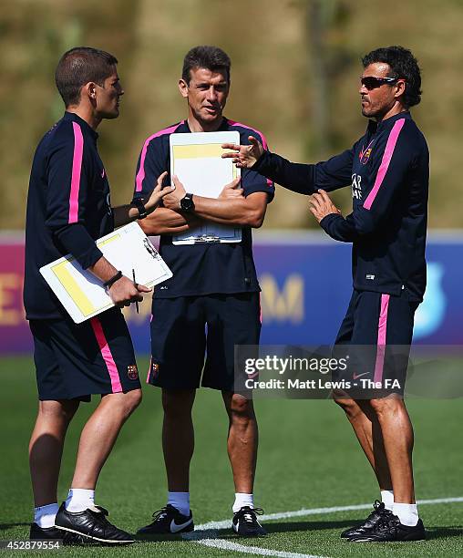 Luis Enrique , manager of Barcelona in action during a Barcelona Training Session at St Georges Park on July 29, 2014 in Burton-upon-Trent, England.