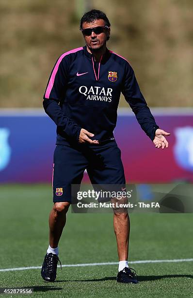 Luis Enrique, manager of Barcelona in action during a Barcelona Training Session at St Georges Park on July 29, 2014 in Burton-upon-Trent, England.