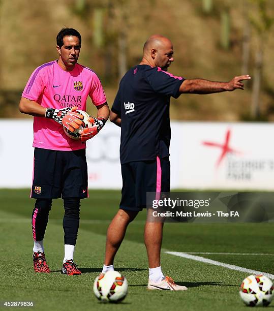 Claudio Bravo of Barcelona in action during a Barcelona Training Session at St Georges Park on July 29, 2014 in Burton-upon-Trent, England.