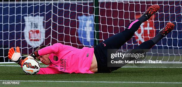 Marc-André Ter Stegen of Barcelona in action during a Barcelona Training Session at St Georges Park on July 29, 2014 in Burton-upon-Trent, England.