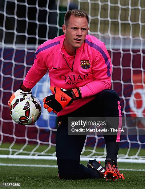 Marc-André Ter Stegen of Barcelona in action during a Barcelona Training Session at St Georges Park on July 29, 2014 in Burton-upon-Trent, England.