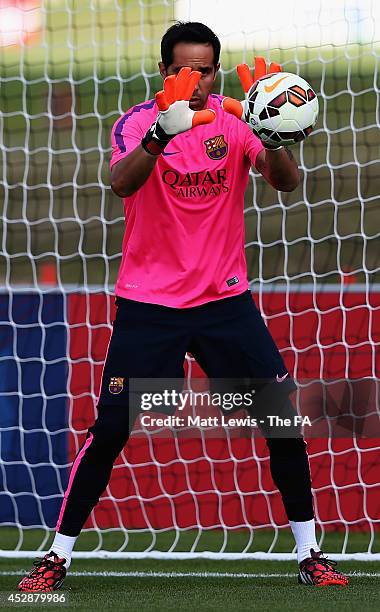 Claudio Bravo of Barcelona in action during a Barcelona Training Session at St Georges Park on July 29, 2014 in Burton-upon-Trent, England.