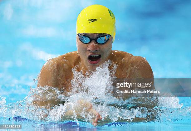Kenneth To of Australia competes in the Men's 4 x 100m Medley Relay Heat 2 at Tollcross International Swimming Centre during day six of the Glasgow...