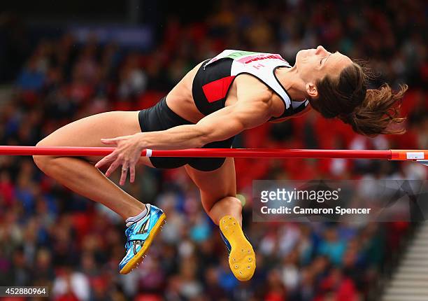Jessica Zelinka of Canada competes in the Women's Heptathlon high jump at Hampden Park during day six of the Glasgow 2014 Commonwealth Games on July...