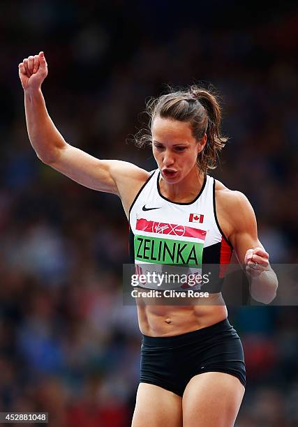 Jessica Zelinka of Canada reacts after jump in the Women's Heptathlon high jump at Hampden Park during day six of the Glasgow 2014 Commonwealth Games...