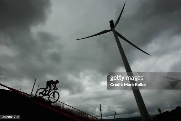 General view is seen as a rider competes in the Women's Cross-country Mountain Biking at Cathkin Braes Mountain Bike Trails during day six of the...